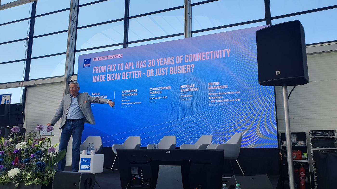 Paolo Sommariva speaking on stage at AERO Friedrichshafen 2026